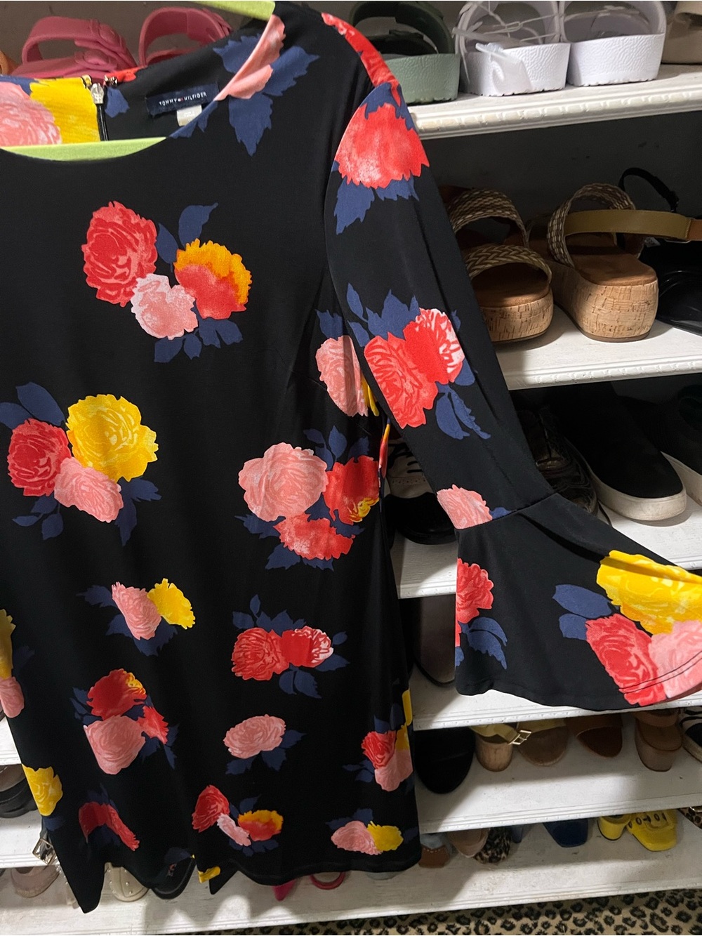 Tommy Hilfiger Black Floral Mini Dress with Red Pink Yellow Blooms